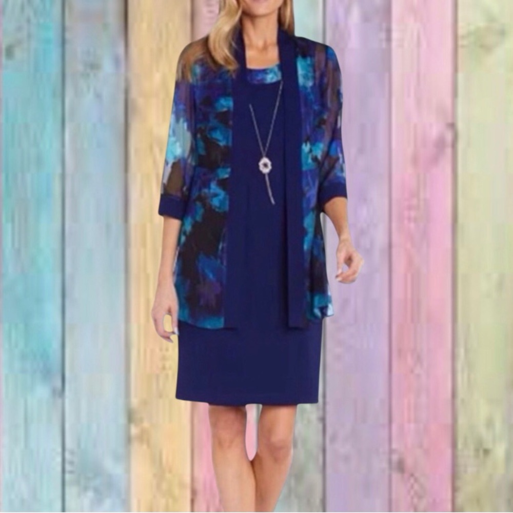 R & M Richards Navy Blue Floral Printed Sheer Jacket And Sheath Dress